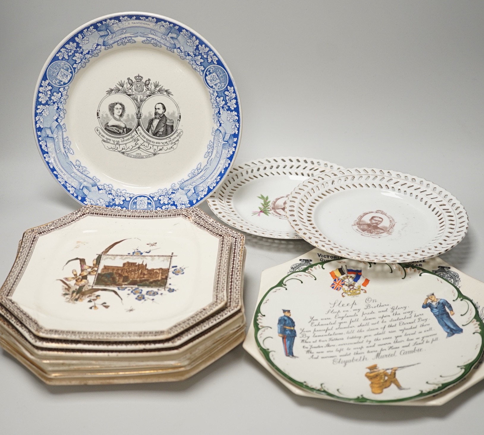 A collection of mostly late 19th and early 20th century commemorative plates, including eight octagonal plates by Wallis Gimson and Co., Balance of Payments etc.